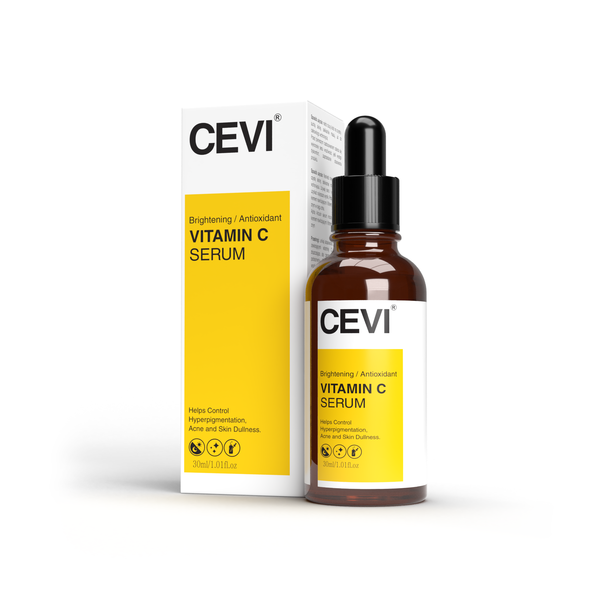 CEVI Vitamin C Serum bottle with dropper on white background