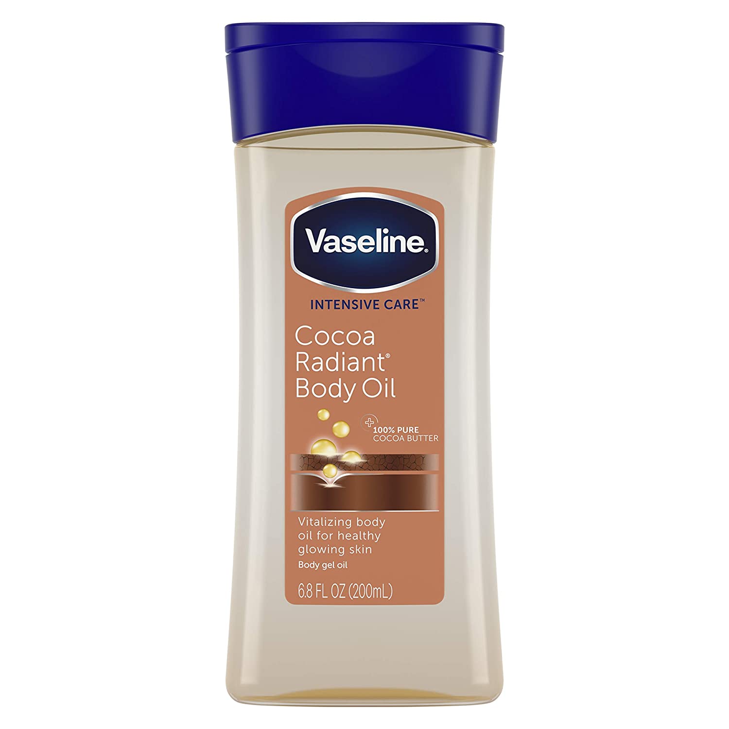 Vaseline Intensive Care Cocoa Radiant Body Gel Oil 200 ml bottle with gold cap and cocoa scent description