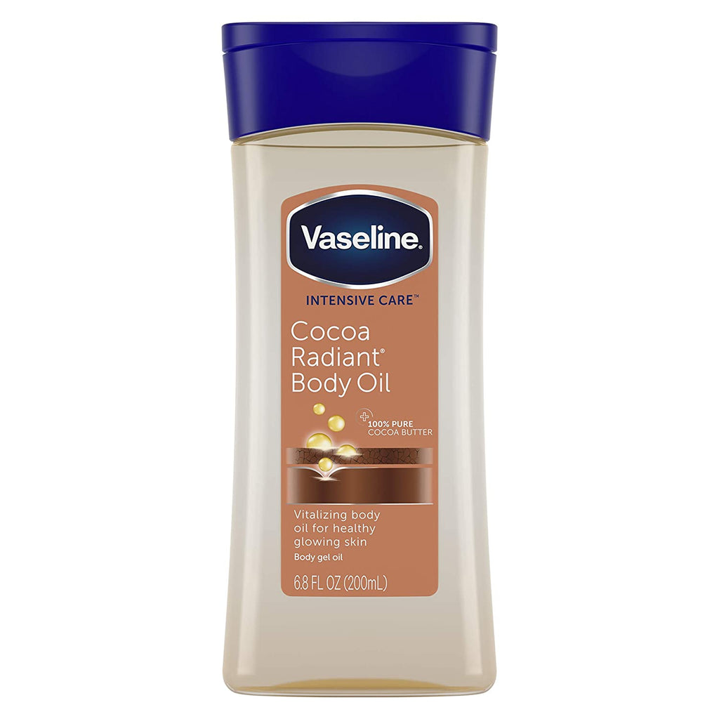 Vaseline Cocoa Radiant gel oil next to cocoa butter and shea butter ingredients listed on the packaging
