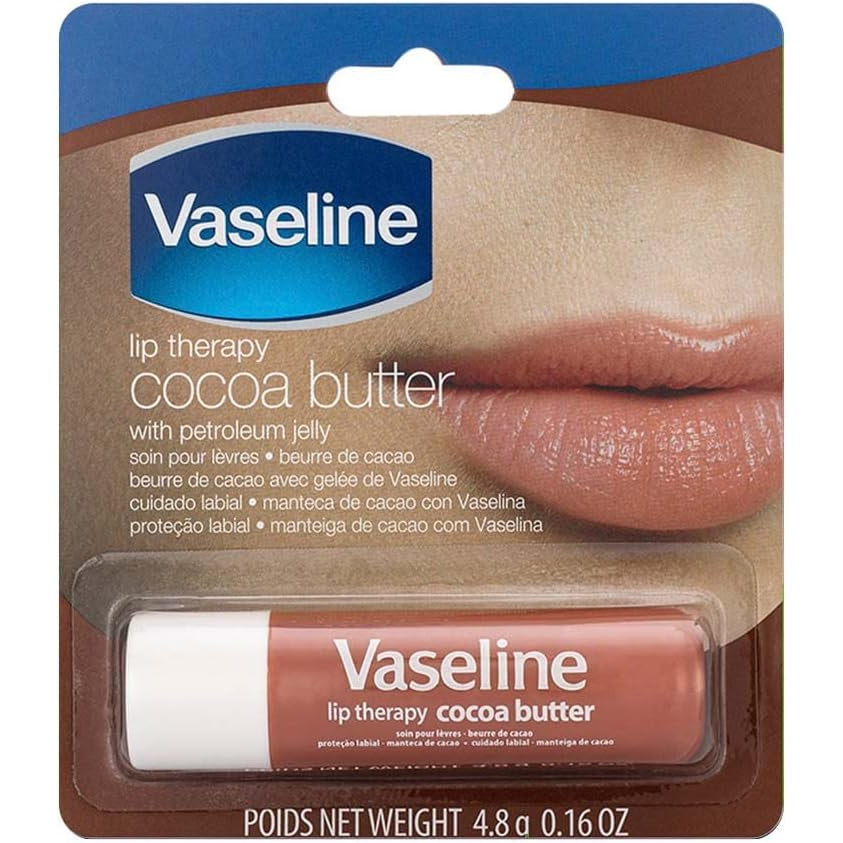 Vaseline Lip Therapy Cocoa Butter in a small blue tin with gold accents, 4.8g size