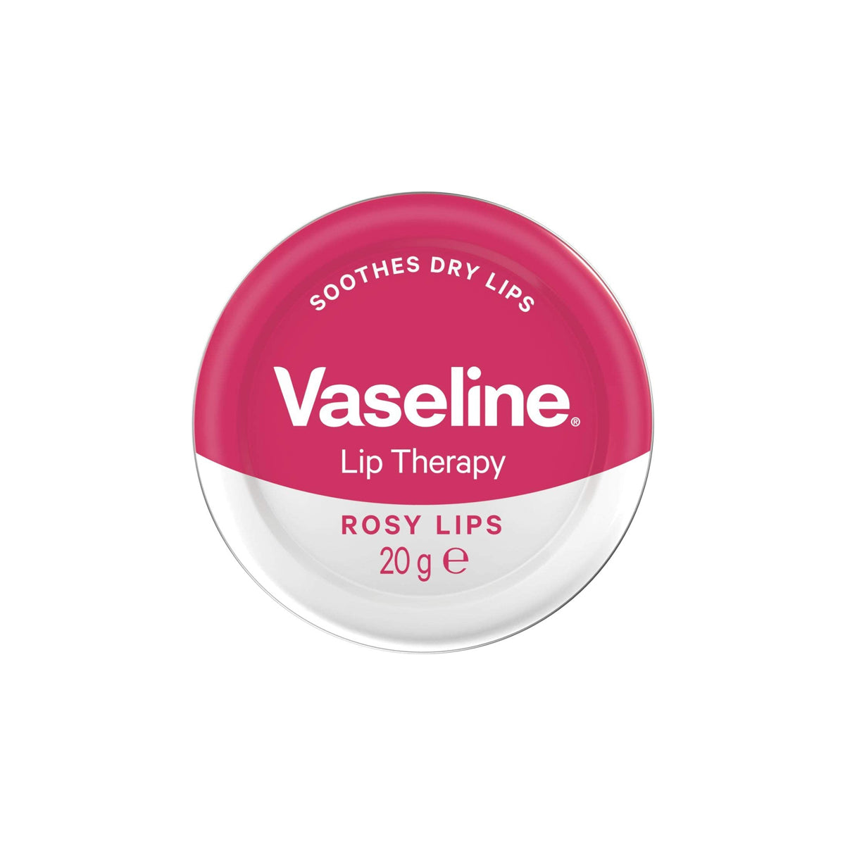 Vaseline Lip Therapy Rosy Lips 20g tin, classic blue and white packaging with pink lid