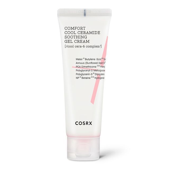 COSRX Balancium gel cream in a white tub with blue accents, cooling formula for sensitive skin