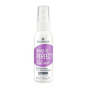 essence keep it perfect make-up fixing spray 50ml bottle with fine mist nozzle against white background