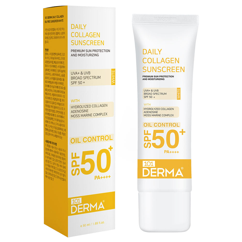 101 Derma Daily Collagen Oil Free Sunscreen 50ml white bottle packaging front view