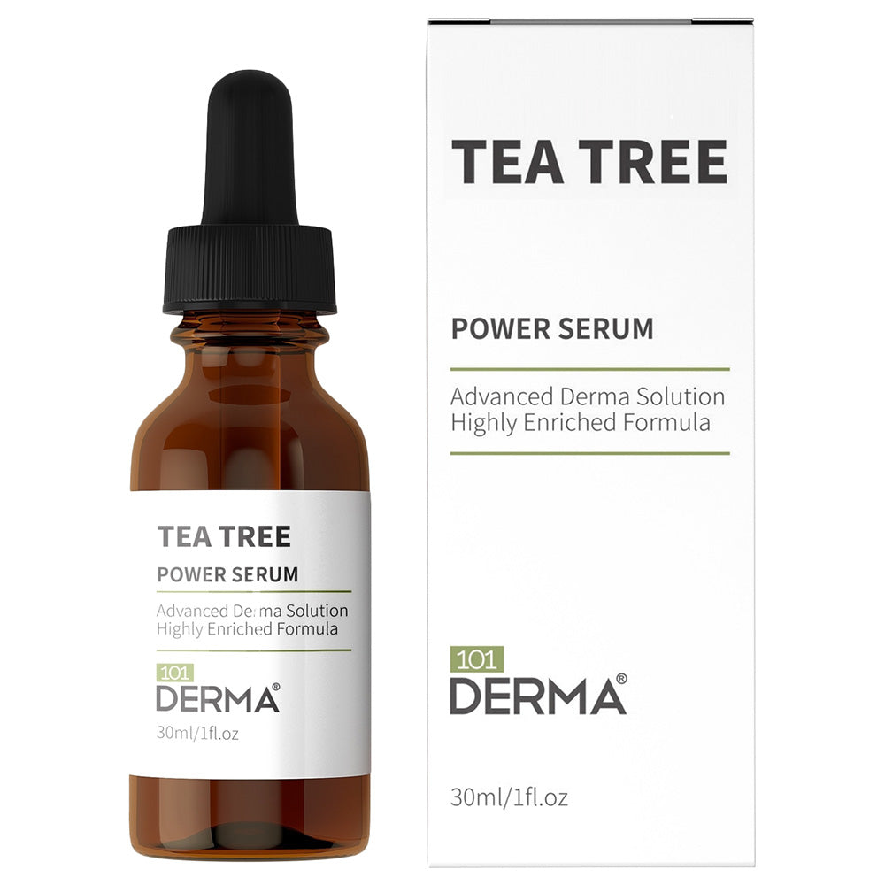 101 Derma Tea Tree Serum in a 30ml glass dropper bottle against a clean white background