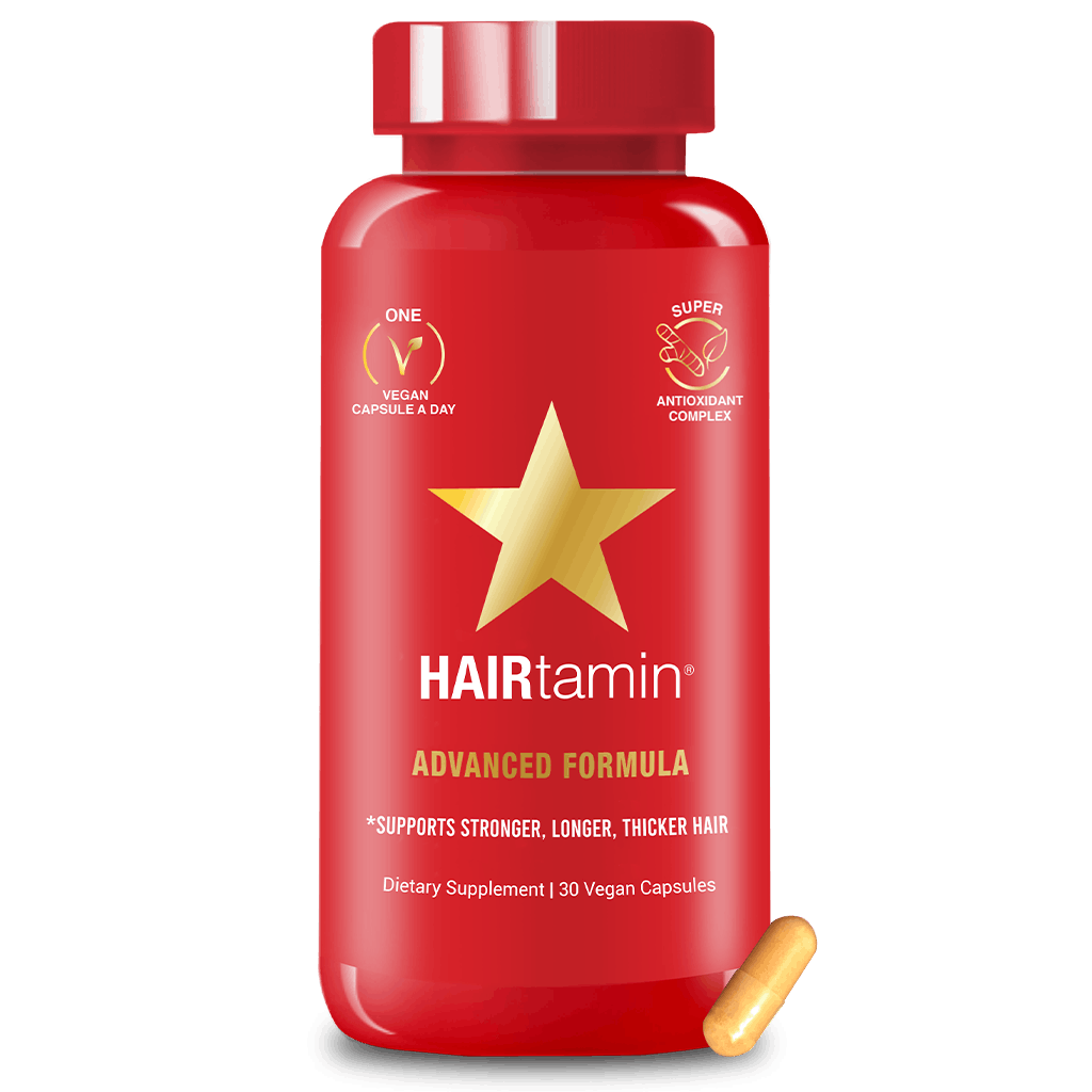 HAIRtamin vegan hair supplement bottle for faster hair growth – white label with green accents