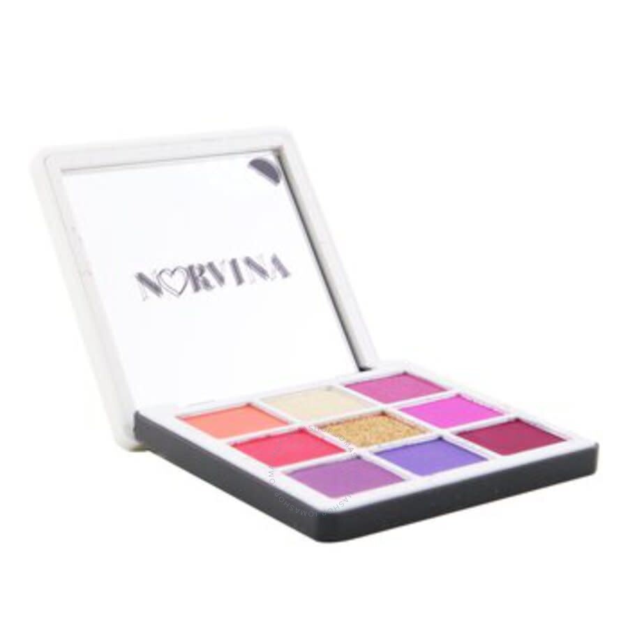 Compact eyeshadow palette with nine vibrant shades in matte black packaging
