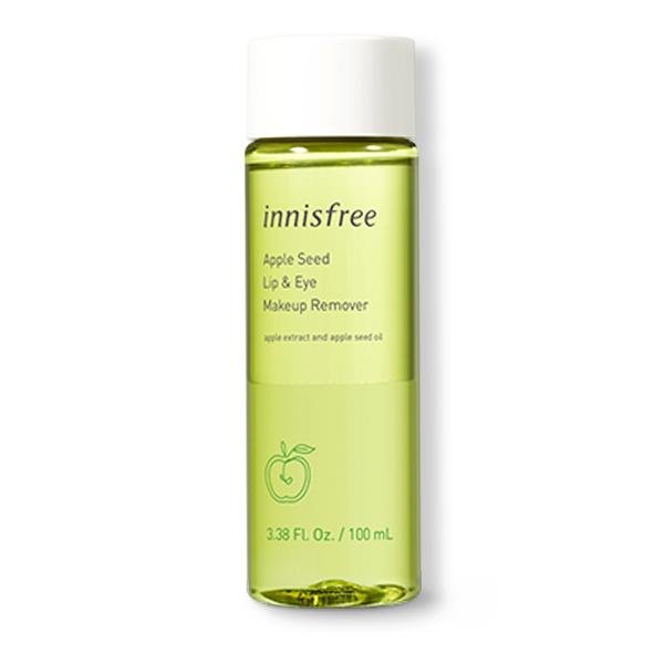 Innisfree Apple Seed Lip & Eye Remover 100ml bottle on white background, dual-phase liquid visible