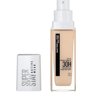 Maybelline Superstay Activewear Foundation in True Ivory, 30 ml bottle with black cap, satin-matte finish swatch