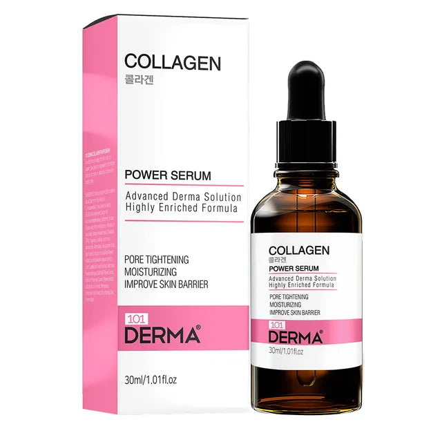 101 Collagen Power Serum in a white glass bottle with silver dropper, 30 ml, on a marble surface