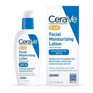 CeraVe AM lotion bottle 60ml on a minimalist bathroom shelf