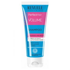 Revuele Perfect Hair Volume Shampoo 250ml bottle on a sleek bathroom shelf