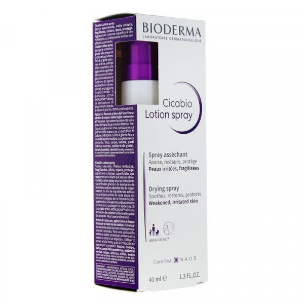 Bioderma Cicabio Desiccant Lotion Spray 40ml front view with white cap and blue label