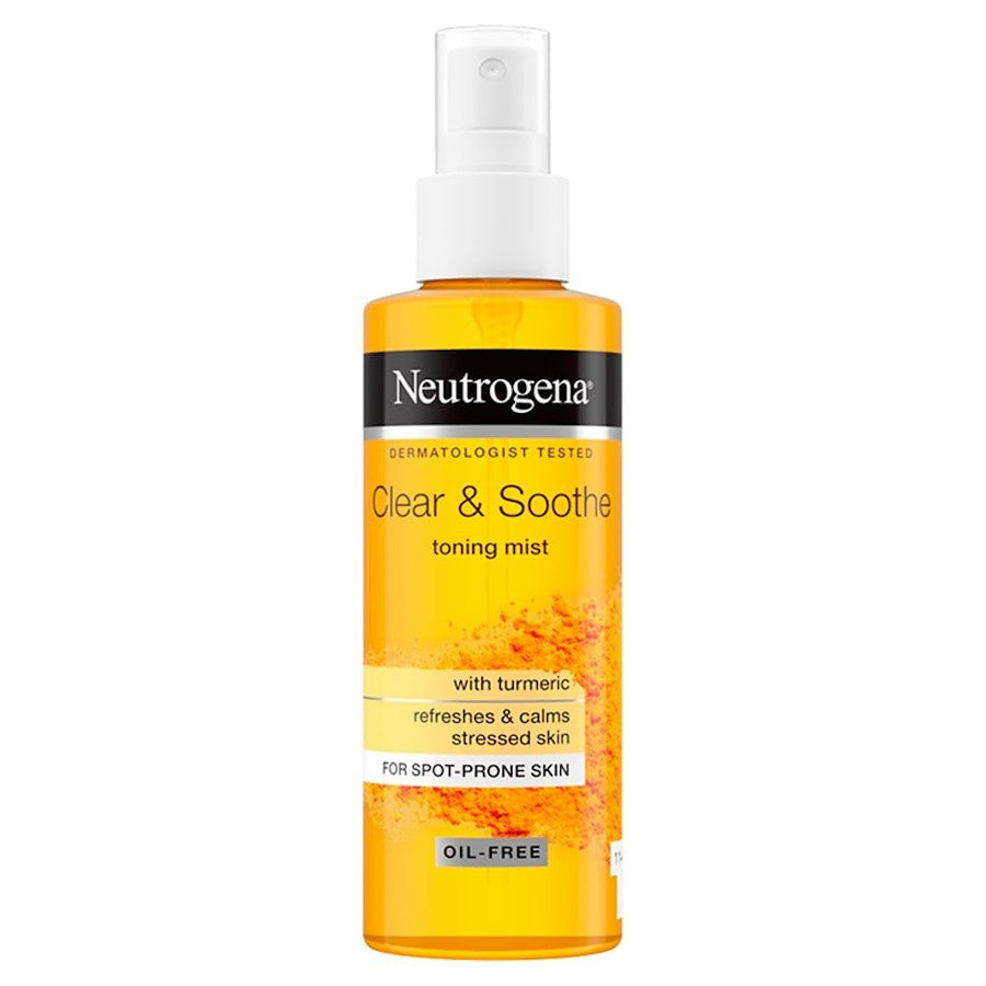Neutrogena Clear & Soothe Toning Mist 125ml blue bottle with spray nozzle on white background