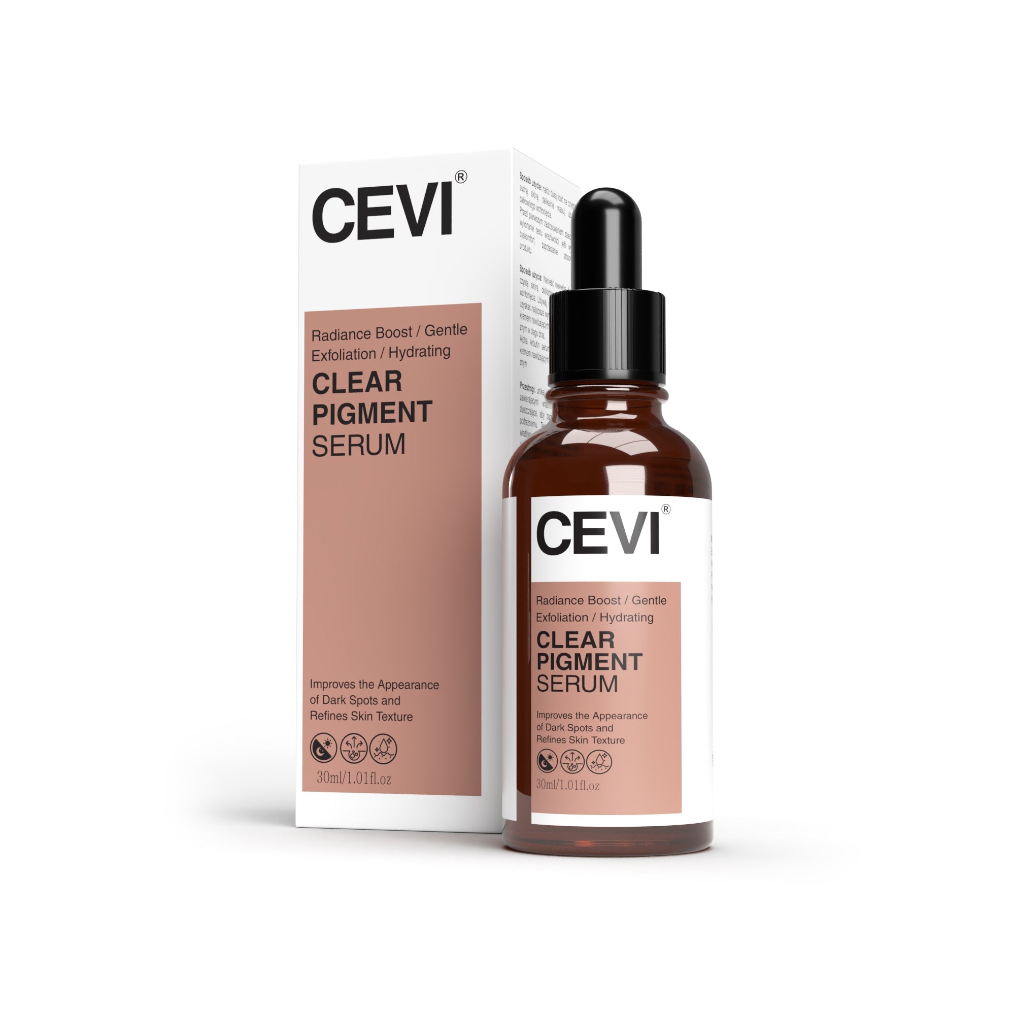 CEVI Clear Pigment Serum in a sleek white bottle with a pipette dispenser