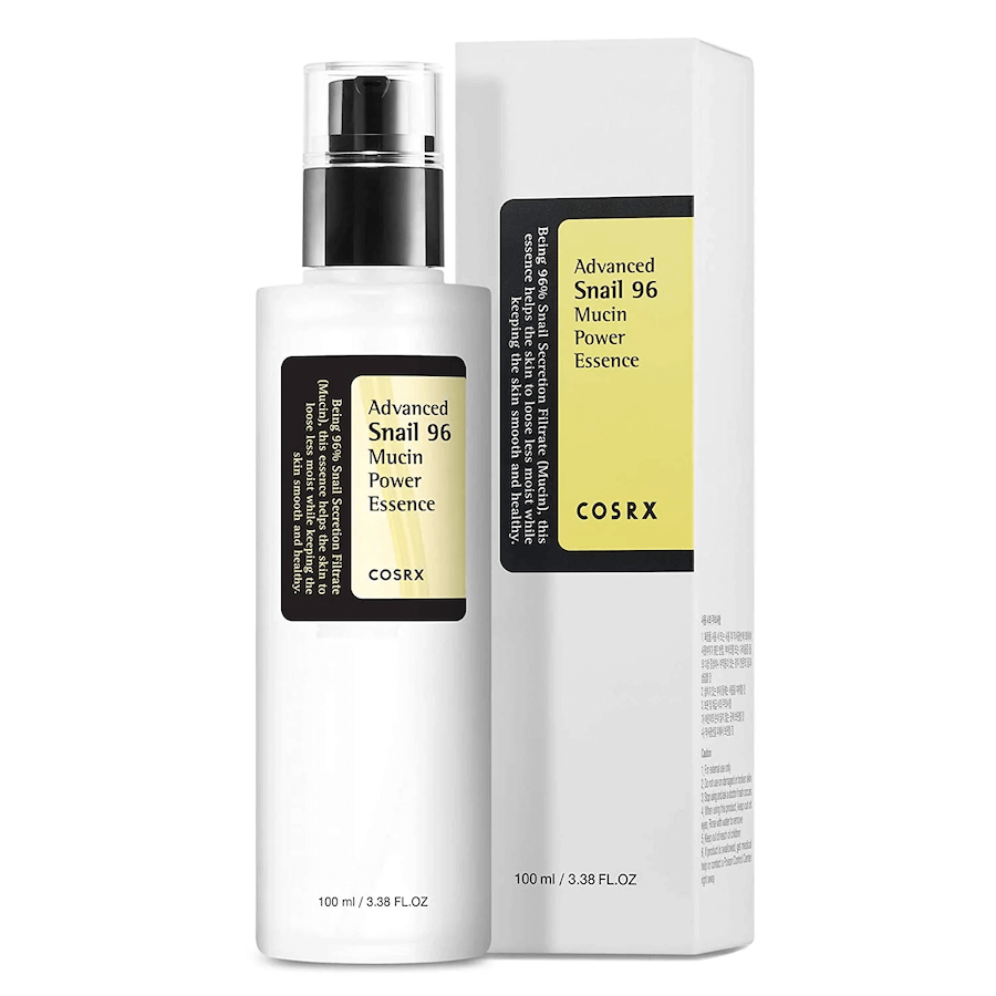 Cosrx Snail 96 Mucin Power Essence in a white pump bottle with minimal design