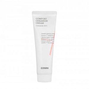COSRX Comfort Ceramide face cream in a white jar with a blue lid, 80 ml size on a clean white background