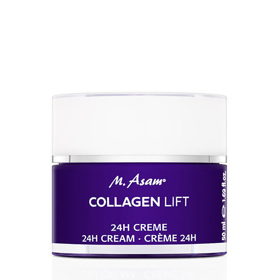 M.Asam Collagen Lift 24h Face Cream 50ml white jar with gold lid on marble surface