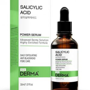101 Derma Salicylic Acid Power Serum 30mL bottle on white surface, front view with dropper visible