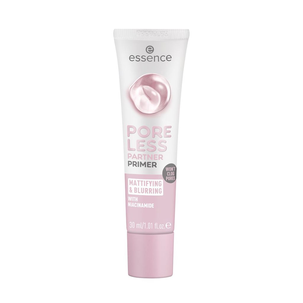 essence PORELESS PARTNER PRIMER tube on white background, mattifying face primer