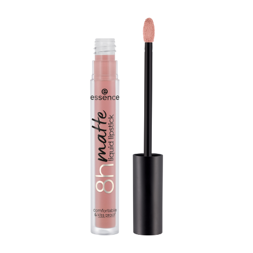Essence 8h Matte Liquid Lipstick in shade 03 Soft Beige, a neutral nude beige, swatched on lips for a matte finish