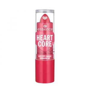 essence Heart Core Fruity Lip Balm in shade Crazy Cherry with pink packaging and visible heart core