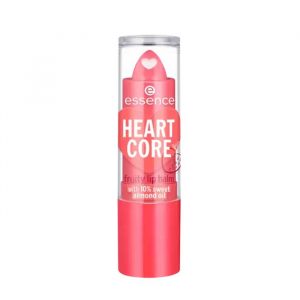essence Heart Core Fruity Lip Balm in Sweet Strawberry with visible heart-shaped core inside clear tube