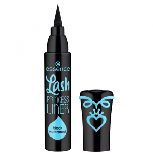 Essence Lash Princess Eyeliner in black waterproof packaging, chubby pen with cone tip