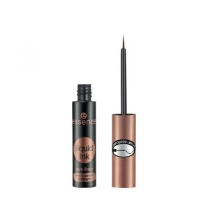 Essence Liquid Ink Eyeliner in Ash Brown with fine brush applicator, brown liquid formula visible through clear tube