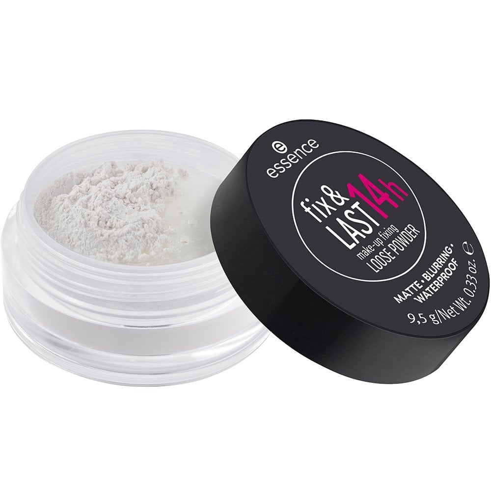 Essence Fix and Last loose powder in a transparent round container with a sifter, fine white powder visible