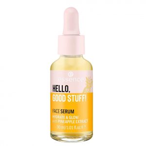 Essence Hello Good Stuff face serum 30ml bottle with pipette against white background