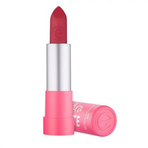 essence hydra MATTE lipstick 408 Pink positive tube with cap on, natural lighting, pink shade visible through clear packaging