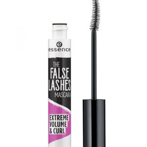essence The False Lashes Mascara black tube on white background with curved wand visible