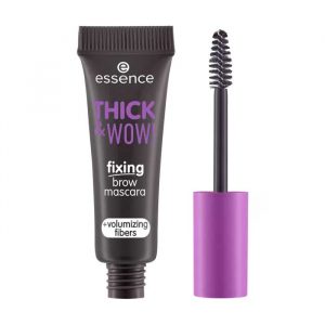 essence Thick & Wow! Fixing Brow Mascara in shade Espresso Brown, showing the slim tube and wand.
