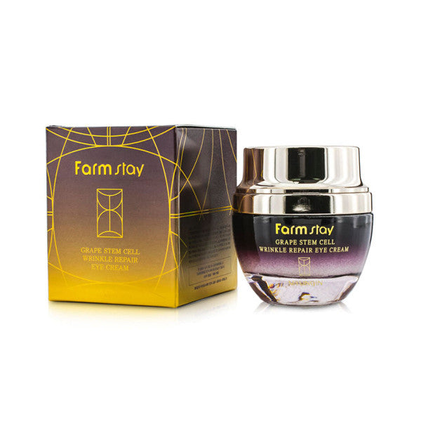 Farmstay Grape Stem Cell Eye Cream in a white tube with green accents, 50ml packaging on a clean surface