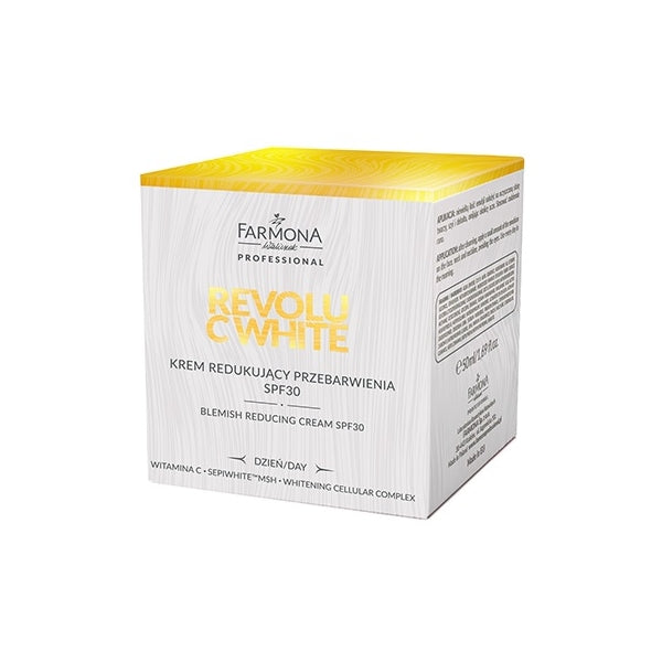 Farmona Revolu C White day cream tube with SPF30 label on a white surface