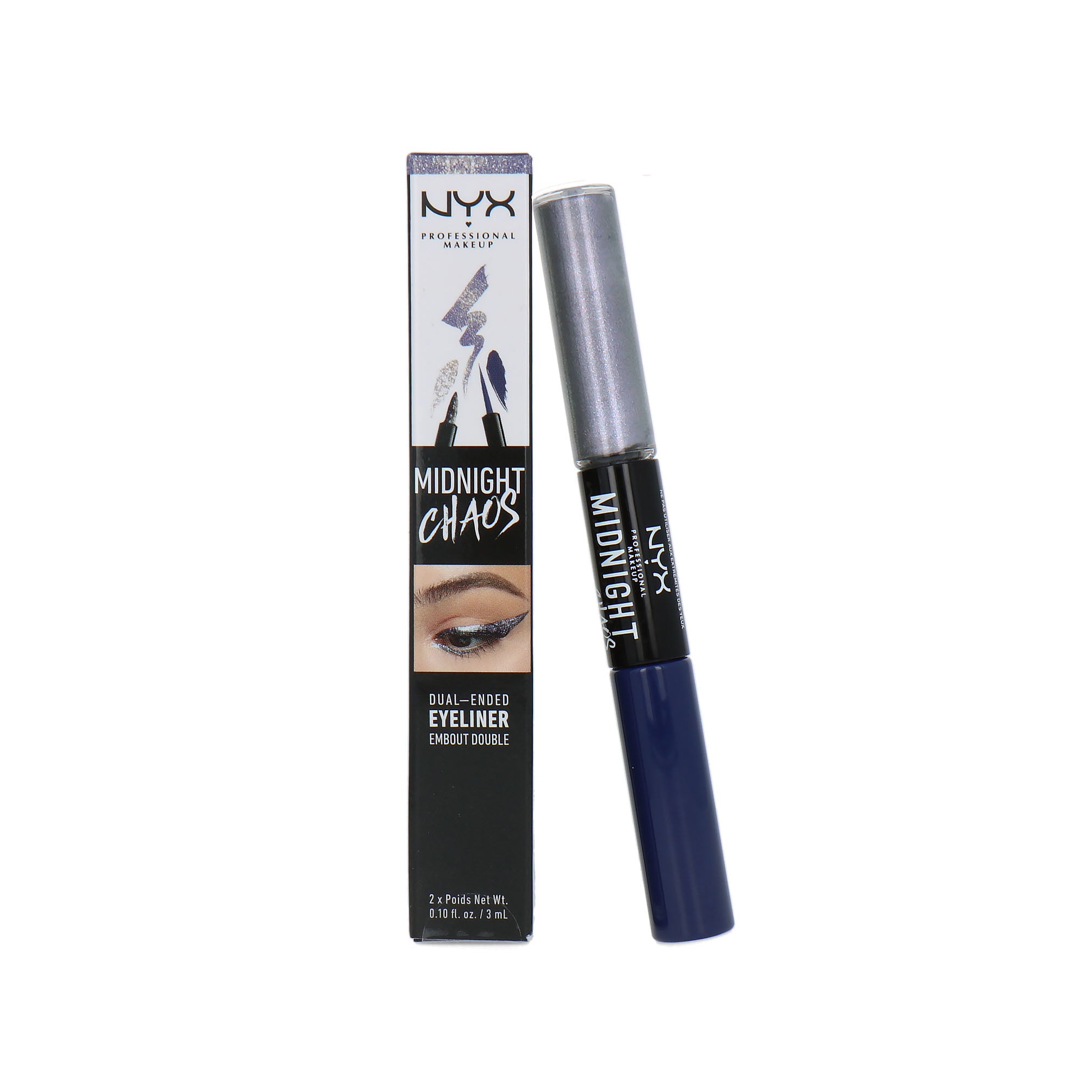 NYX Midnight Chaos Dual Ended Eyeliner in purple and mirror shades, pen packaging on white background