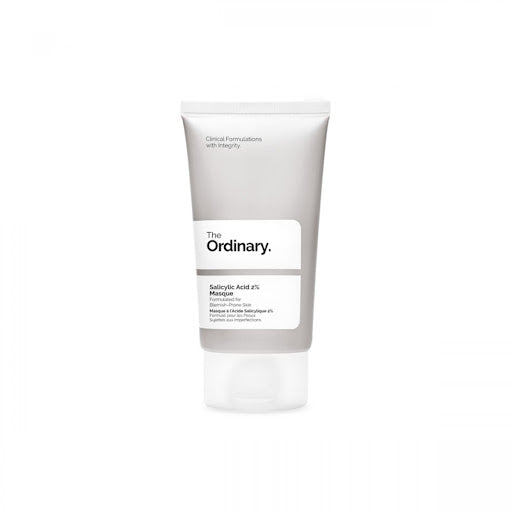 The Ordinary Salicylic Acid 2% Masque in a black-and-white tube with charcoal texture