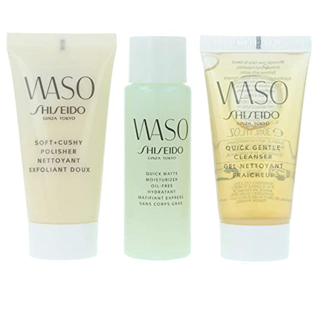 Shiseido WASO Quick Gentle Cleanser 3N1 kit with gel texture shown in a minimalist bathroom setting
