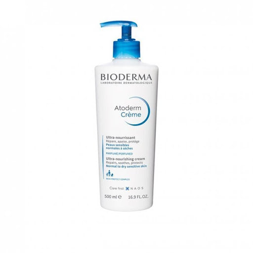 Bioderma Atoderm Crème Ultra-Nourishing Cream in a white tube with blue accents, 500ml size