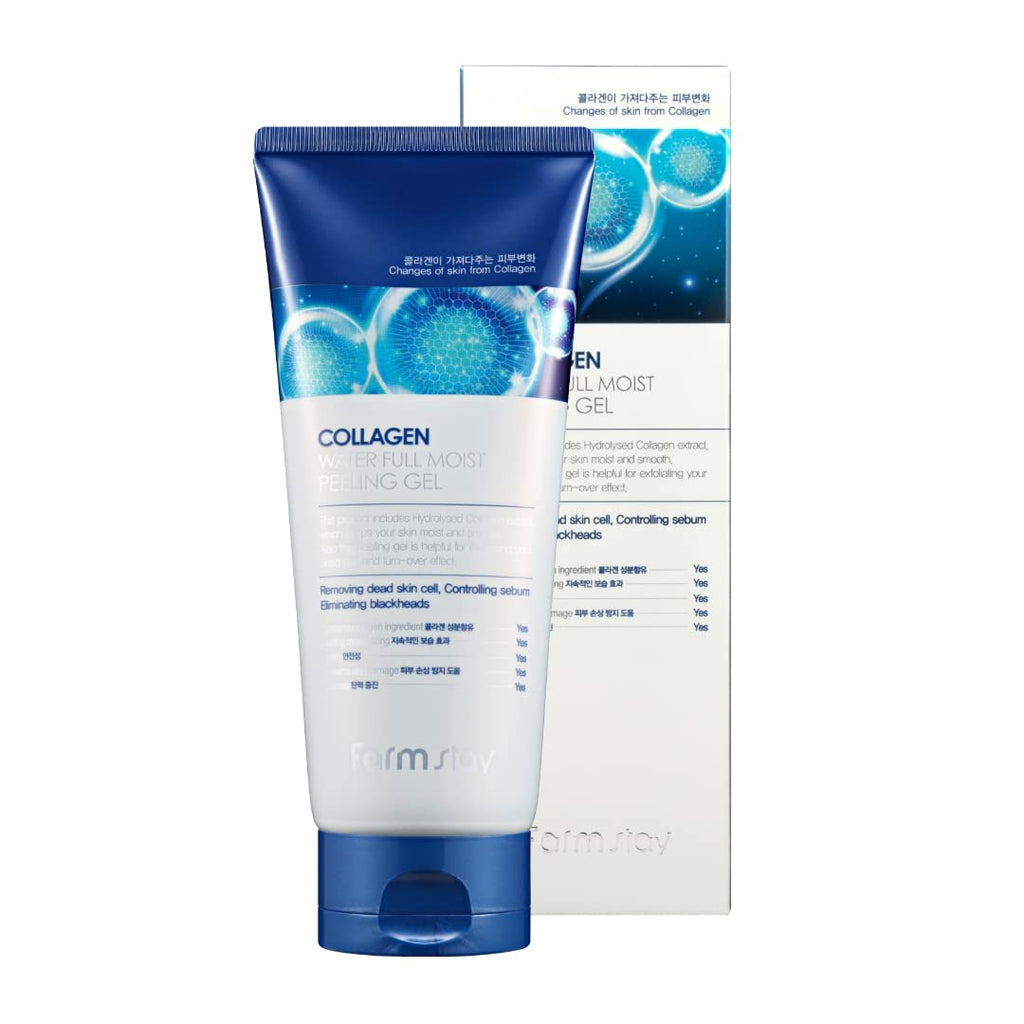White tube of Farmstay Collagen Peeling Gel 180ml on a clean countertop, showing blue and silver label