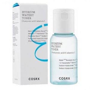 Cosrx Hydrium Watery Toner 50ml clear bottle with blue cap, texture drips on hand