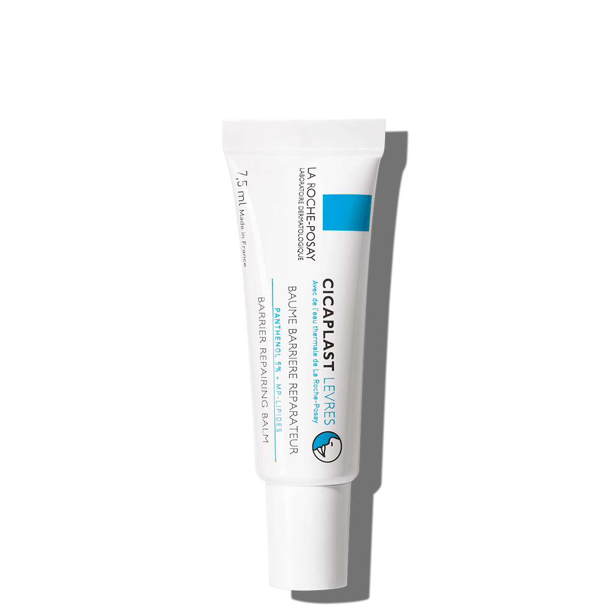 White tube of La Roche Posay Cicaplast Baume B5 Lips 7.5ml on clean background
