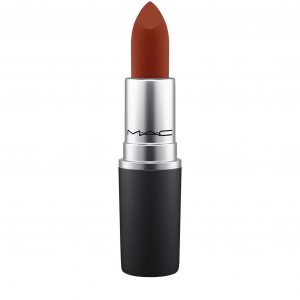 MAC Powder Kiss Lipstick Marrakesh-Mere 3g tube on a white surface