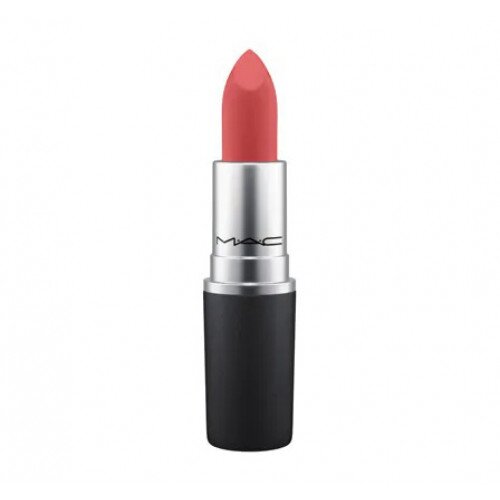 MAC Powder Kiss Lipstick in Stay Curious, a muted rose shade with a matte bullet, against a white background