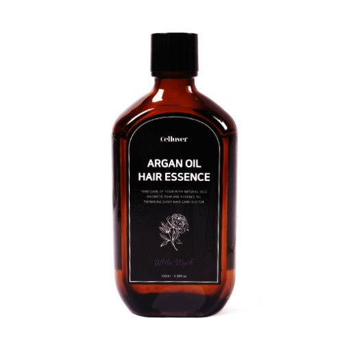 100ml bottle of Celluver Argan Oil Hair Essence in white musk, shown against a soft grey background