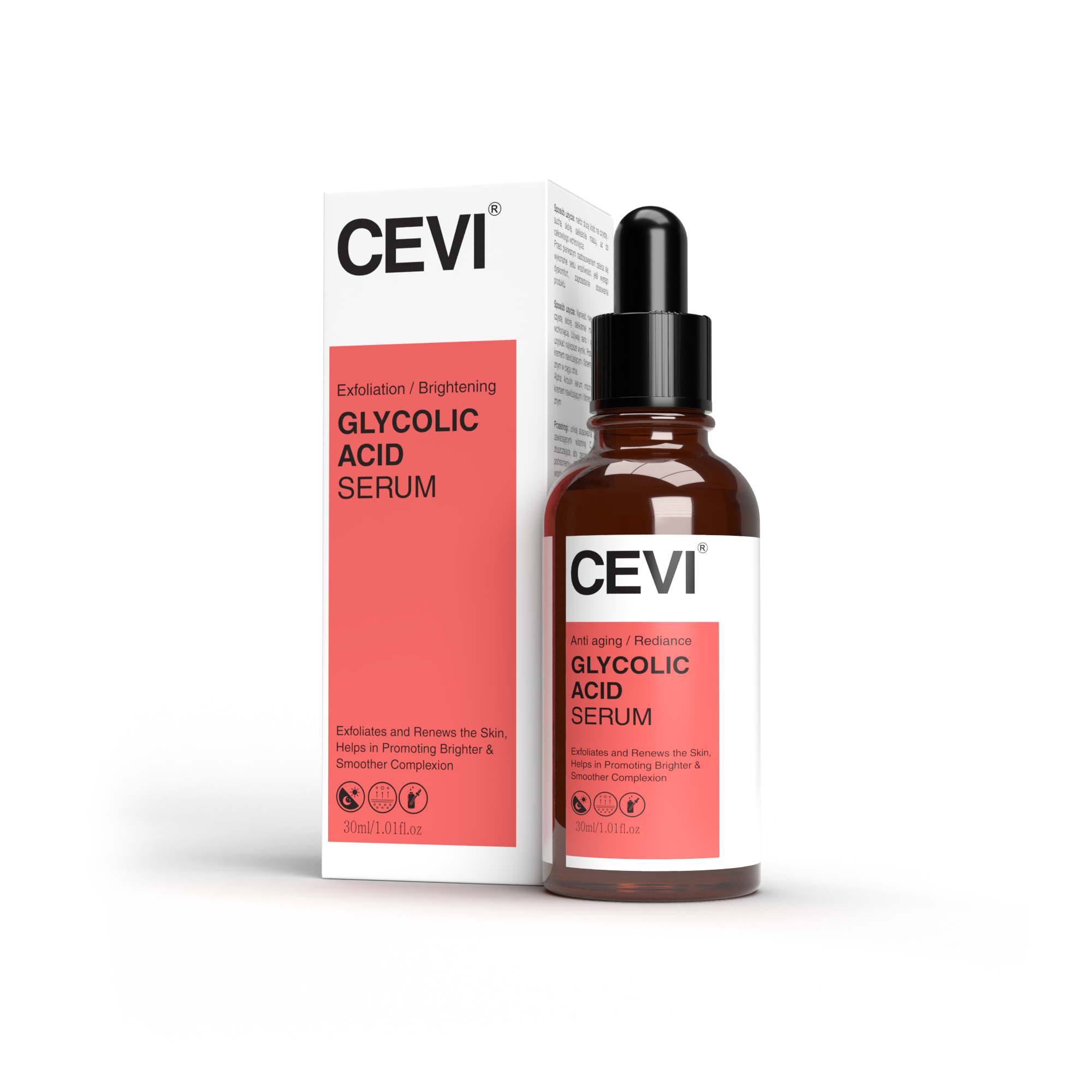 CEVI Glycolic Acid Serum in minimalist glass bottle with white label