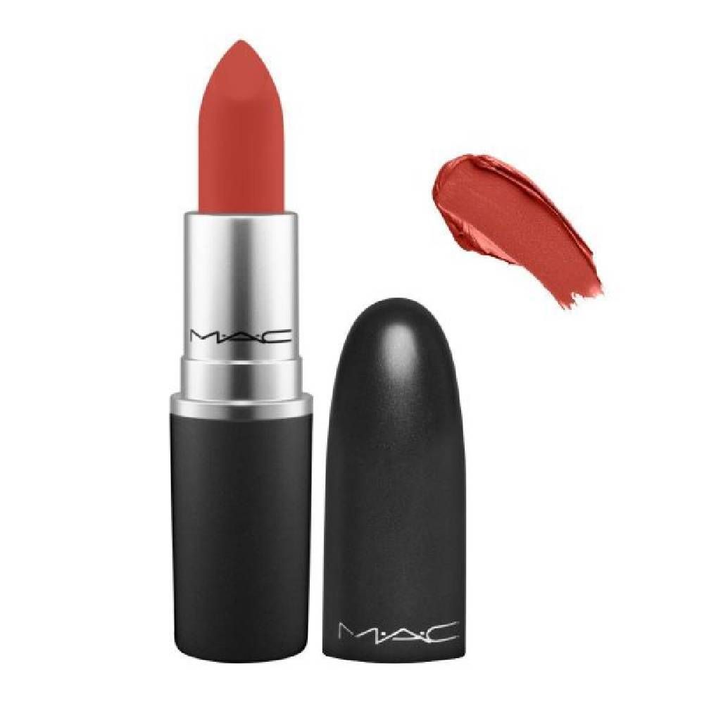 MAC Powder Kiss Lipstick Devoted to Chilli 3g bullet in warm brick red shade