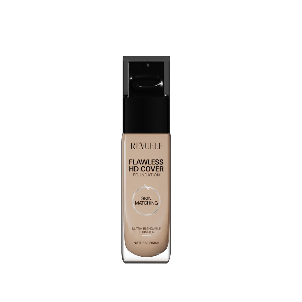 Revuele Flawless HD Cover Foundation in shade 01 Ivory with sleek white bottle and gold cap