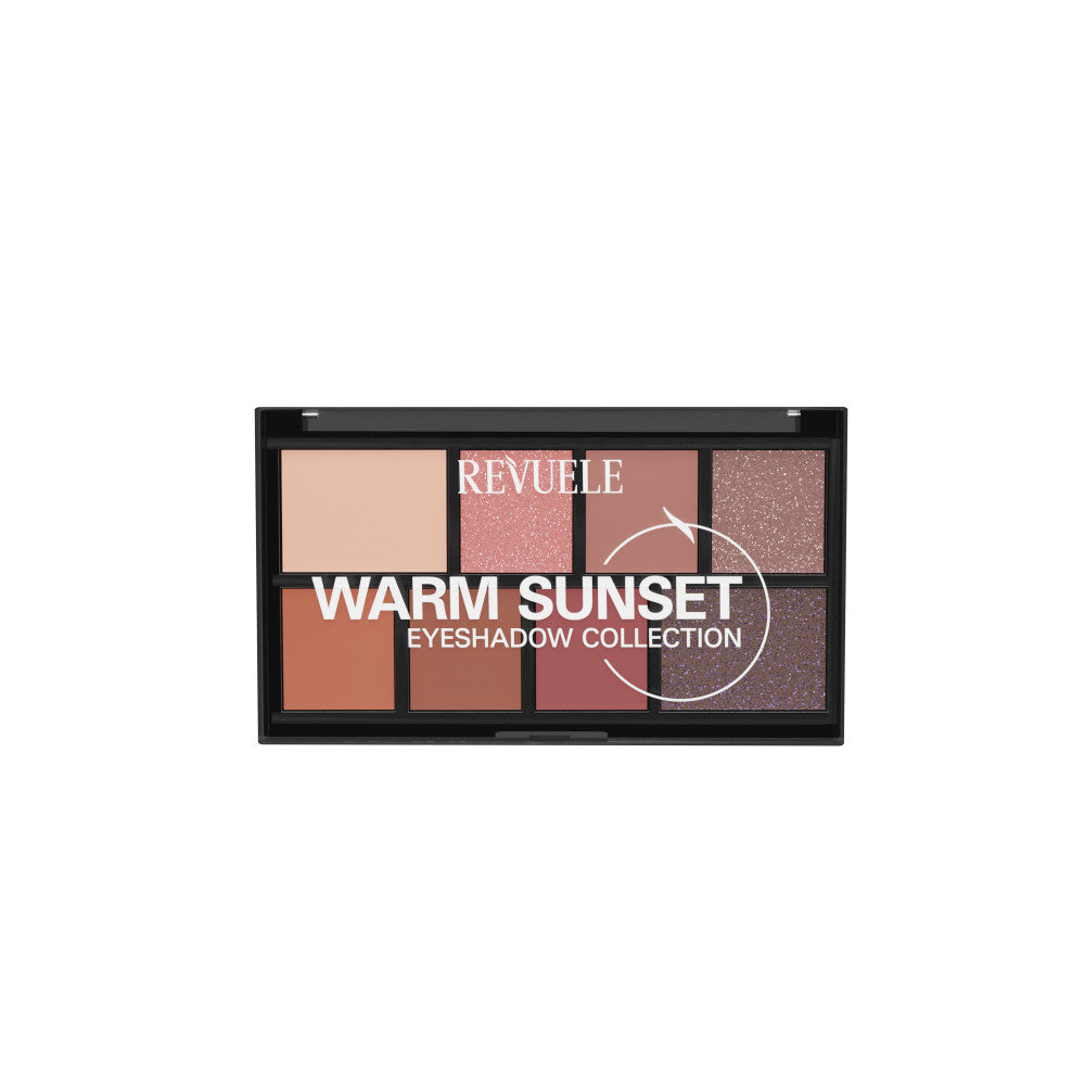 Revuele Warm Sunset eyeshadow palette with eight matte and shimmer shades in warm neutrals